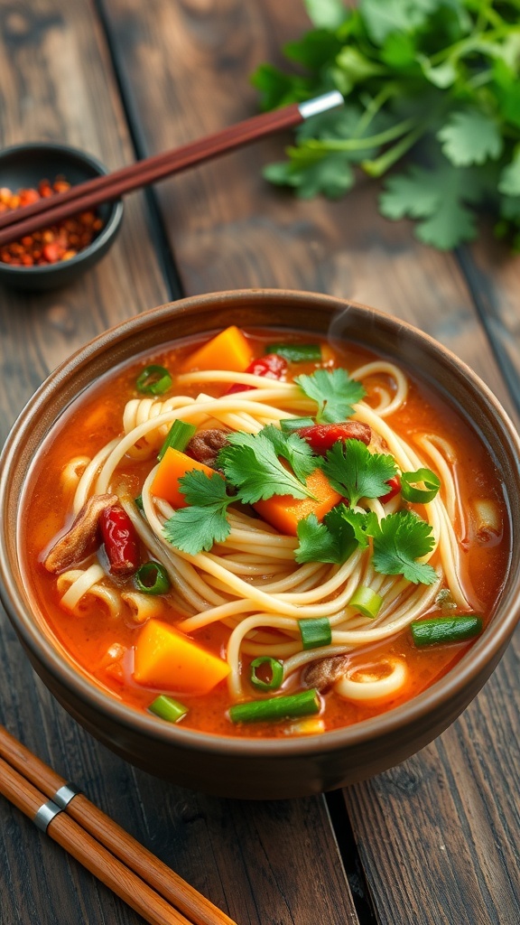Spicy Noodle Hotpot Recipe A bowl of spicy noodle hotpot with vegetables and noodles in broth, garnished with cilantro and green onions, on a rustic table.
